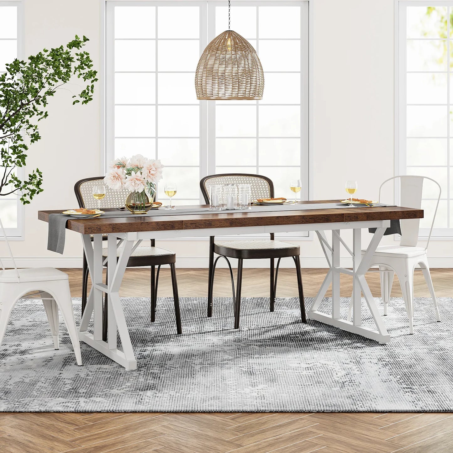 Rectangular Wood  Table, Rustic with Heavy Duty Metal Legs for 6 people