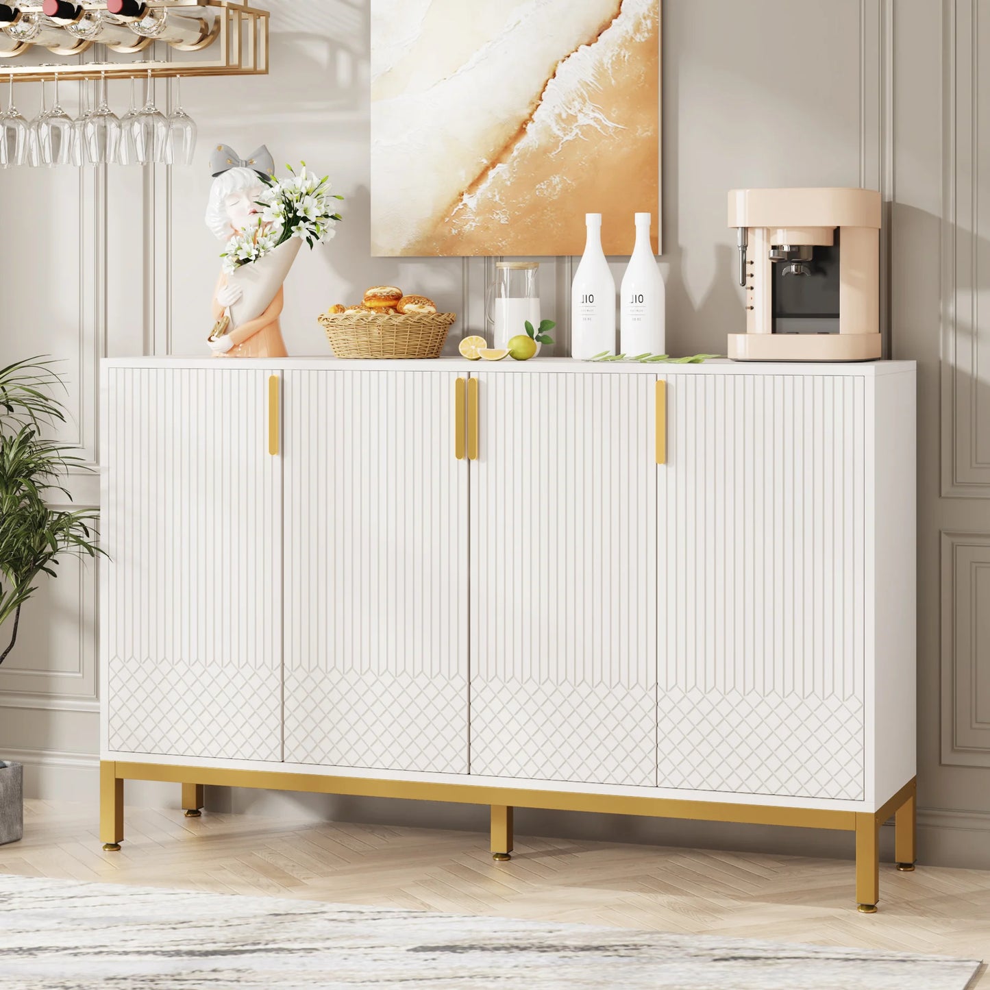 Tribesigns Modern Storage Console Cabinet Sideboard Buffet Cabinet with 4 Doors & Gold Metal Base