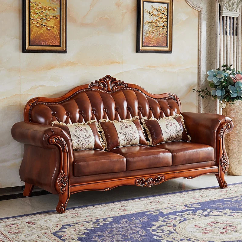 Nordic  Leather Brown Sofa Set Luxury European Design Modern Style Sofa Full Set  3 Seater