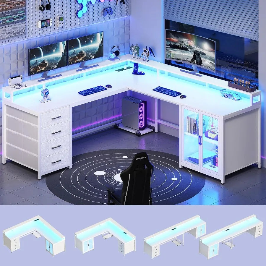 L Shaped Gaming Desk with 4 Drawers . Computer Desk with Display Cabinet Office Desks with 2 Monitor Stands CPU Stand LE