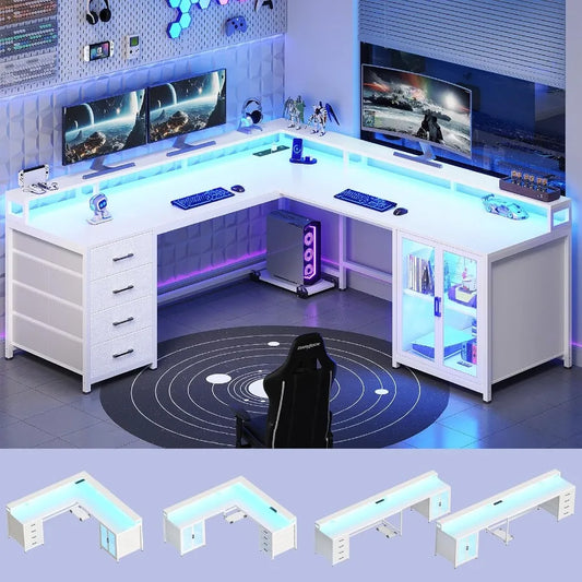 L Shaped Gaming Desk with 4 Drawers . Computer Desk with Display Cabinet Office Desks with 2 Monitor Stands CPU Stand LE