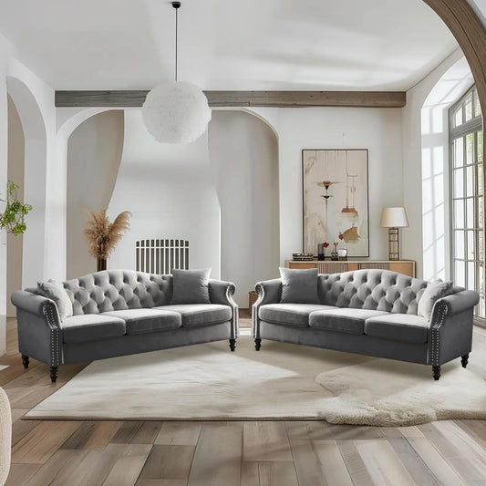 Chesterfield Velvet Sofa and Loveseat with Pillows. Rolled Arms Nailhead Trim Classic Design , 2-Seater