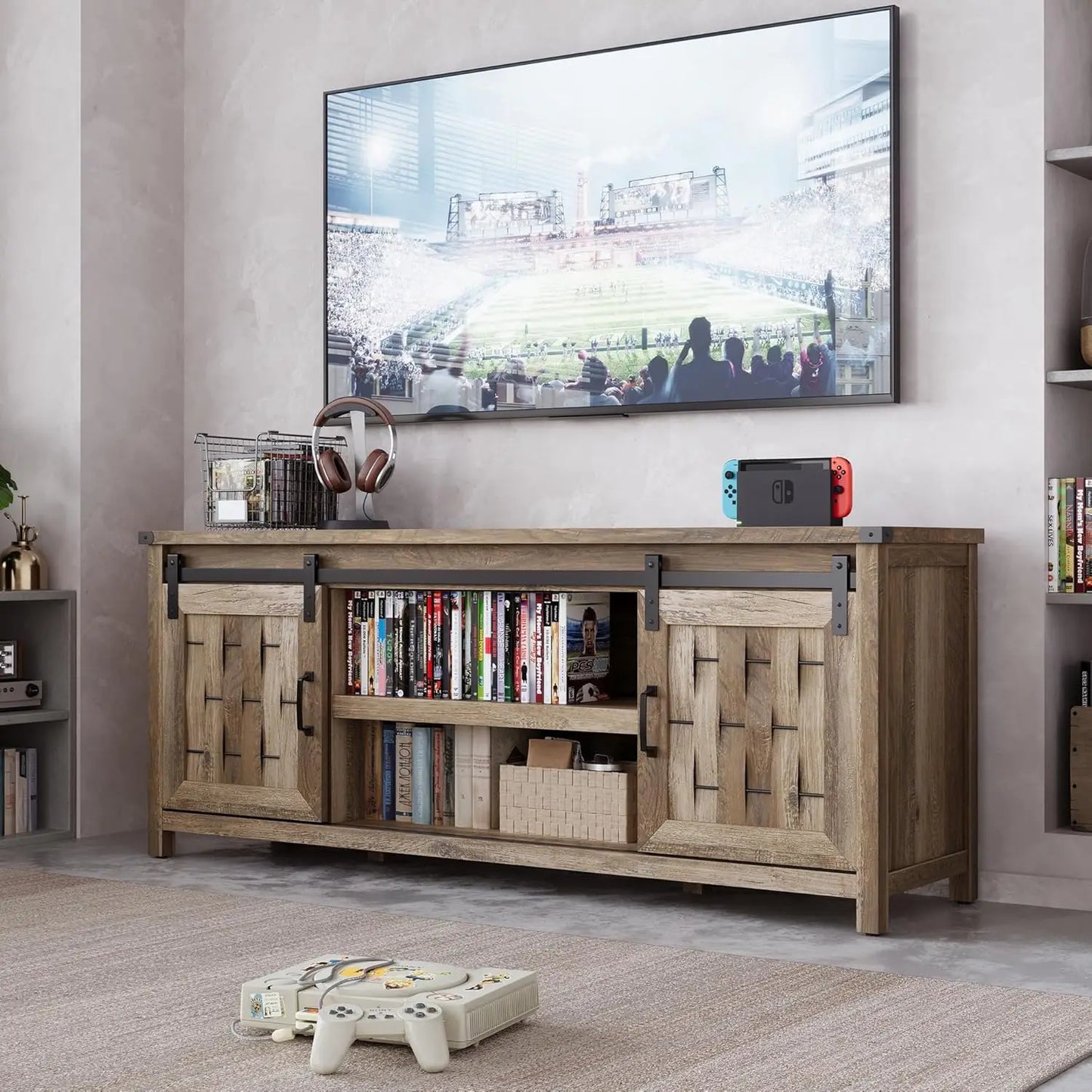 Farmhouse Entertainment Center with Handmade Woven Sliding Door, Table with Cabinet