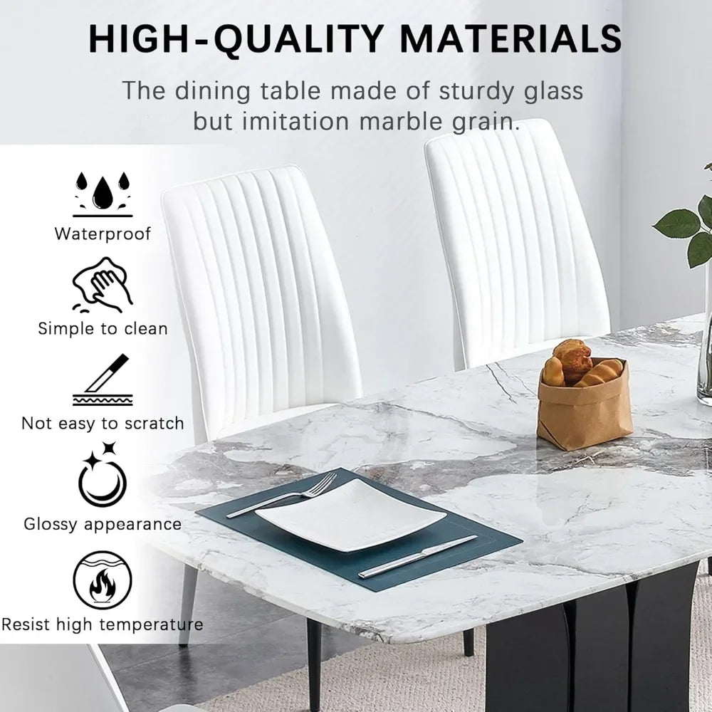 ,White Marble Pattern Table with 6  Chairs, 6 Piece  Set