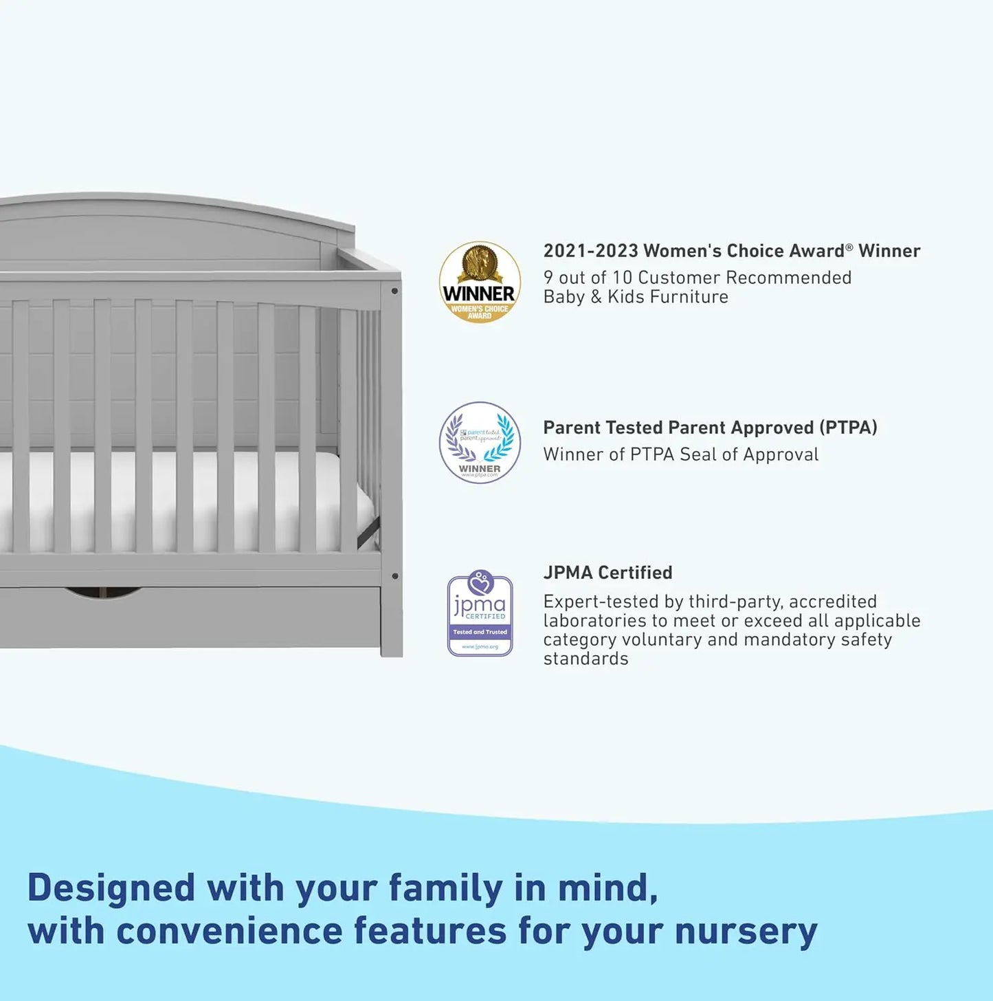 Graco 5-in-1 Convertible Crib (Pebble Gray) -w/ drawer.  Full-Size Storage Drawer, Converts