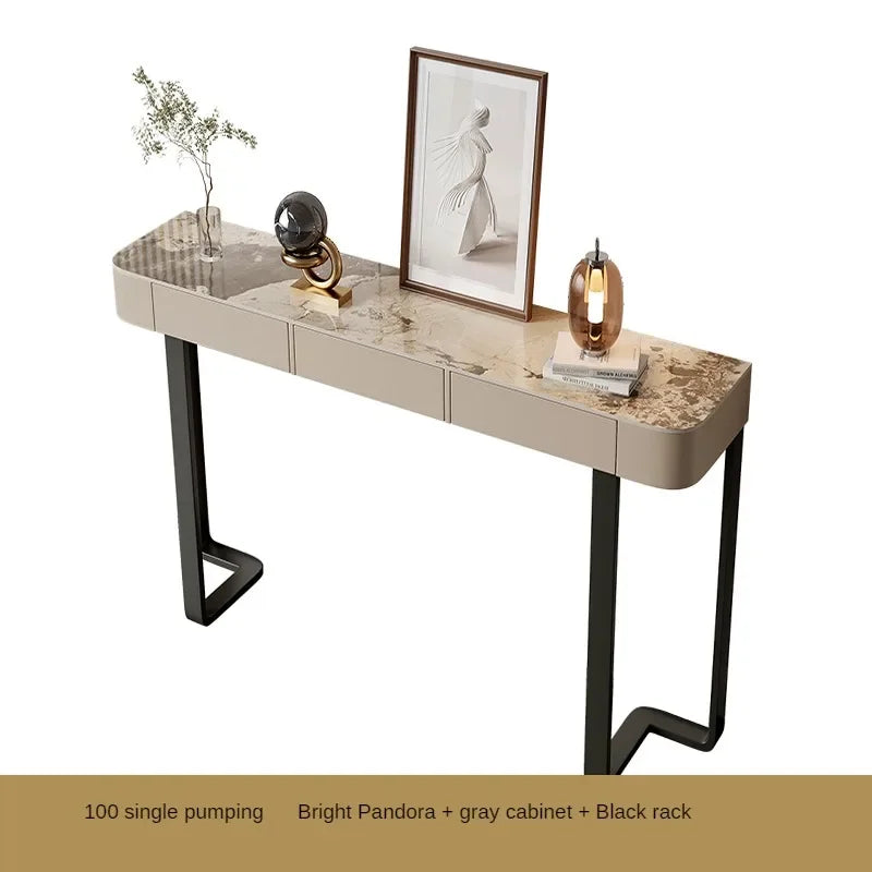 Italian Stone Plate Top Console Table with Drawer Minimalist Cabinet