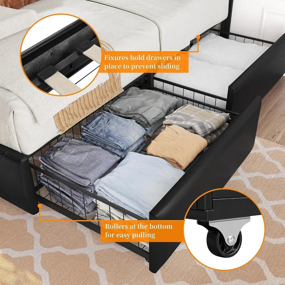 Platform Bed, Frame, Upholstered, Faux Leather, 4 drawers