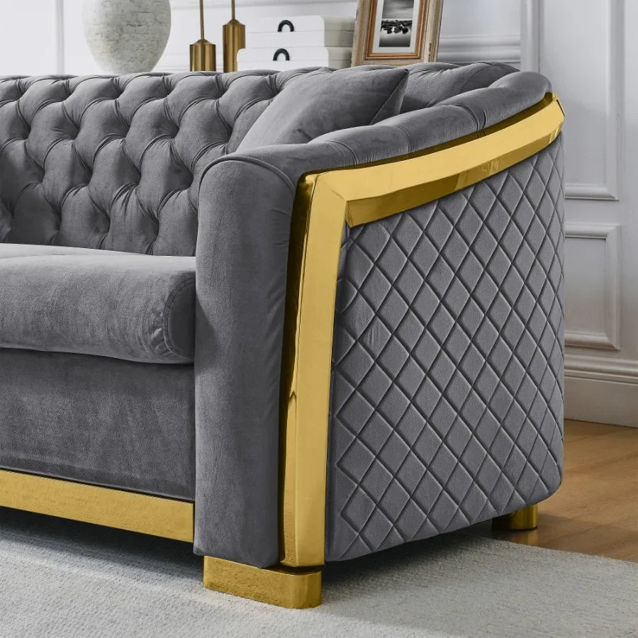 Velvet Luxury Chesterfield Sofa  Tufted 3 Seat with Gold Stainless