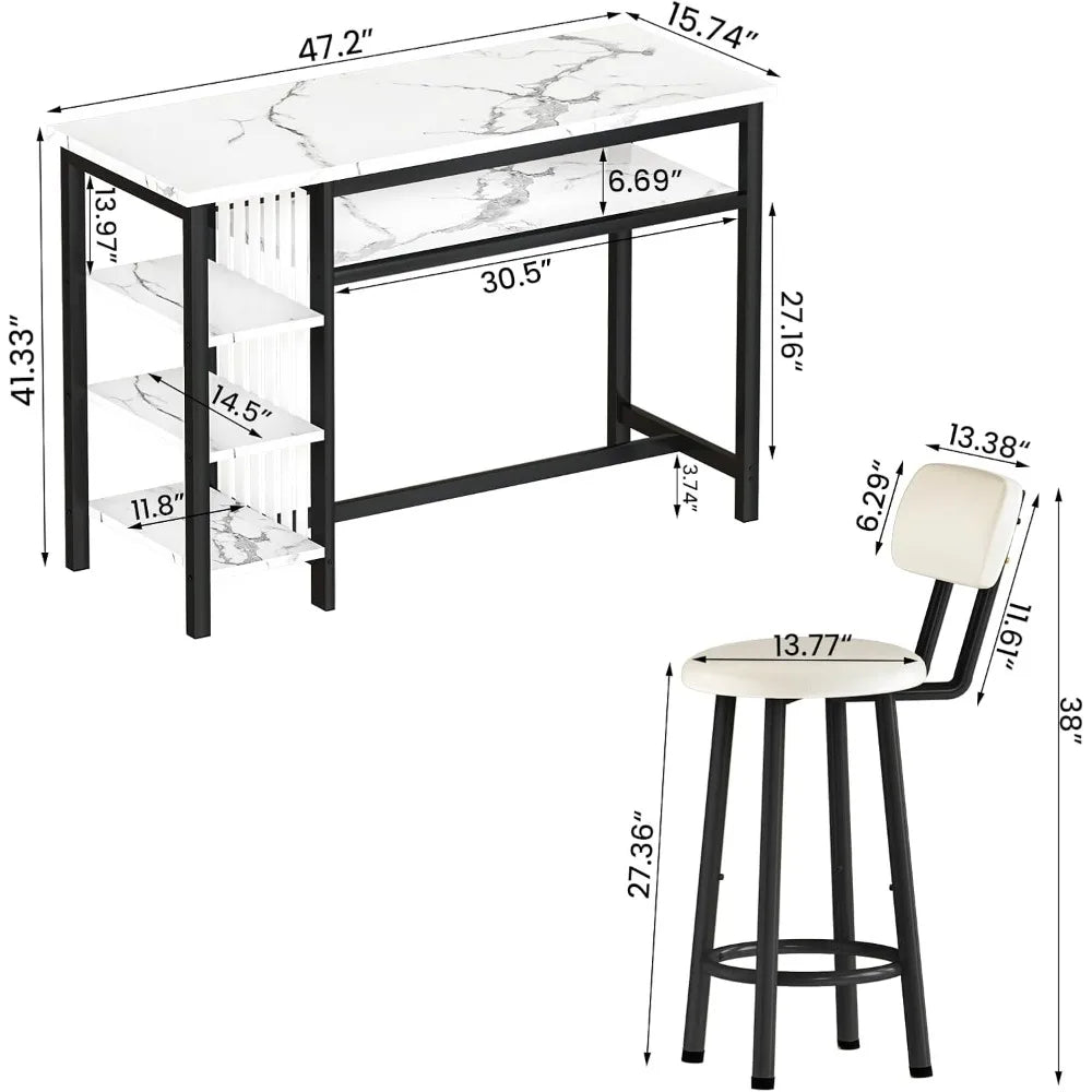 3-PieceTable and Chairs Set, Modern Bar Stools, Space Saving Table