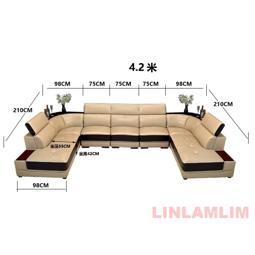 MINGDIBAO Modern Minimalist Genuine  Italian Leather Sectional Sofa with Console, Storage and Speaker