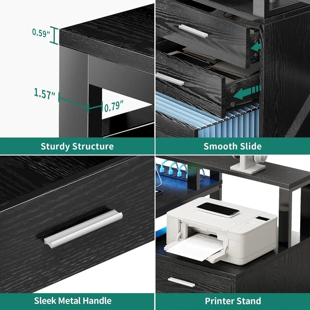 Corner Computer Desk, L-Shaped w/ 3 drawers, power outlets, lights, cabinet, stand