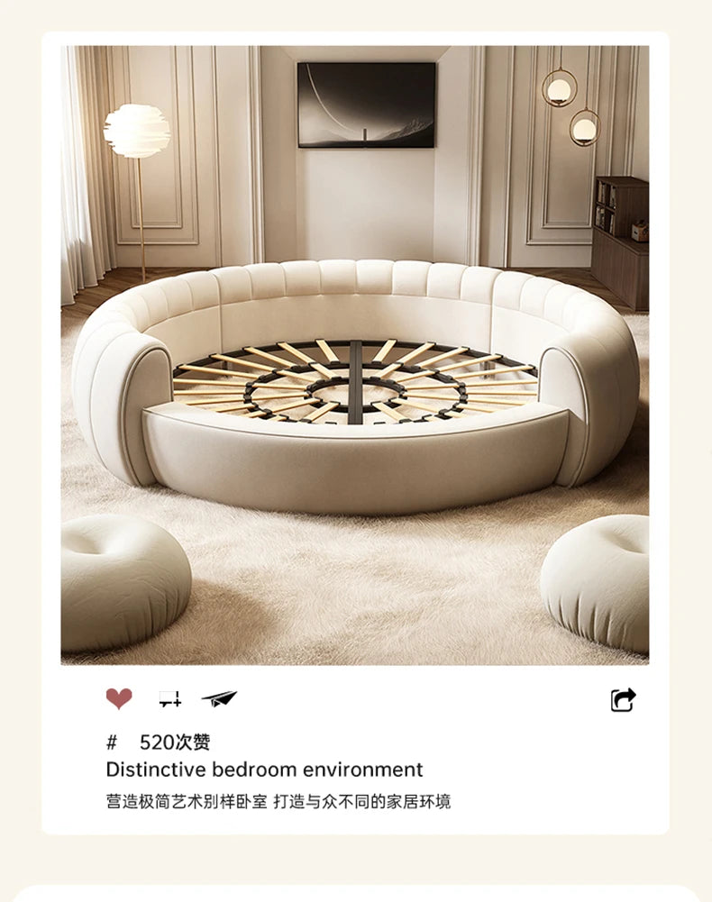 Unique Trendy Modern, Round Queen Bed Lounge Suite, White Cream ,