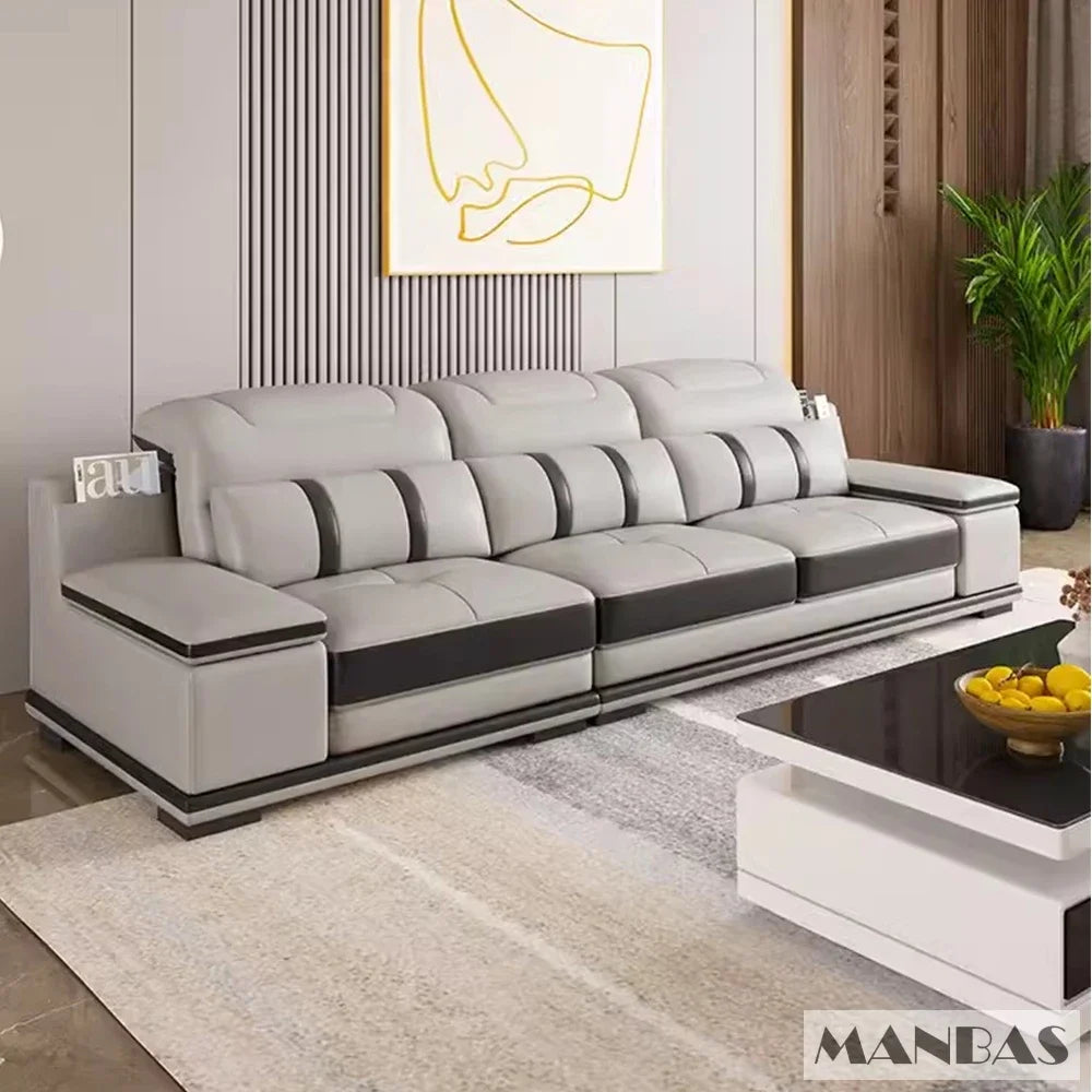 Modern Genuine Leather Sofa - Stylish Italian   with Bluetooth Speaker, USB & Adjustable Headrests