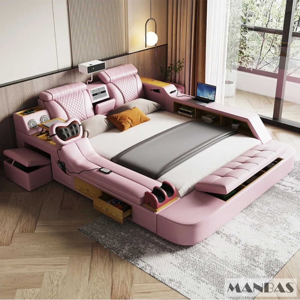 Tech Smart Ultimate Multifunctional Bed Frame with Genuine Leather, Massage, Speaker, Projector, Air Purifier