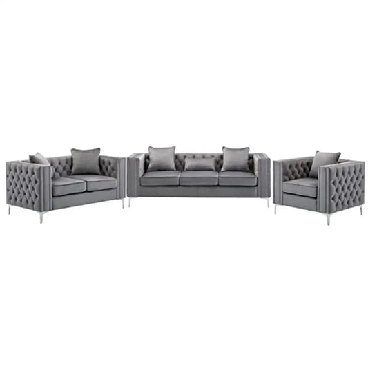 Sofa Loveseat and chair set, Gray velvet fabric,  Nailhead  trim, chrome metal legs, foam seats, 6 throw pillows













































Sofa Loveseat and Chair Set, Gray velvet fabric, nailhead trim, chr
