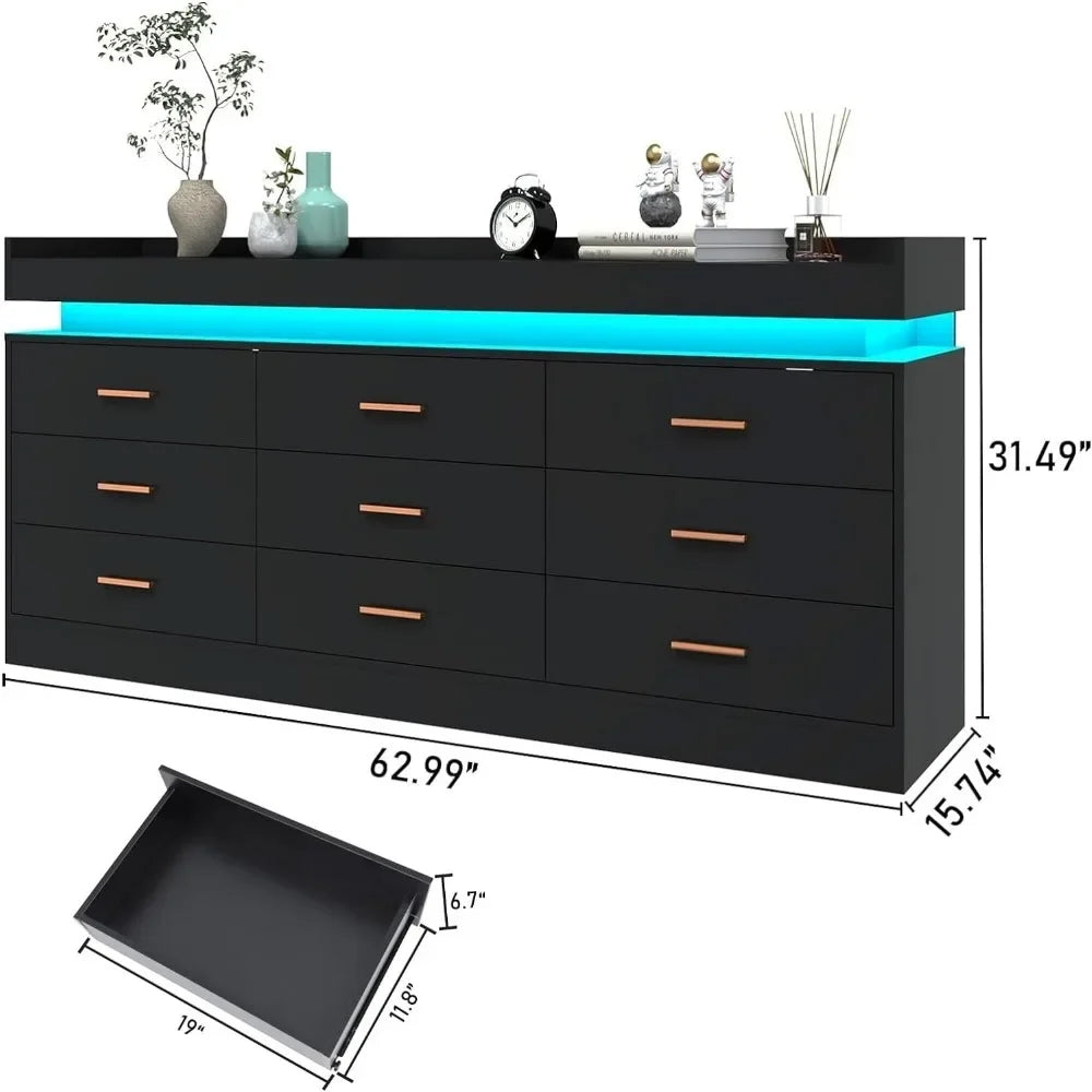 Modern Dresser 9 Drawer with LED Light, Organizer Cabinet, Chest of Wood Drawers