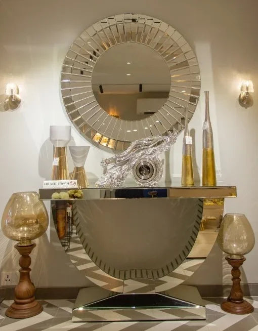Luxury mirrored console table, crescent shaped foyer, family round wall mirror