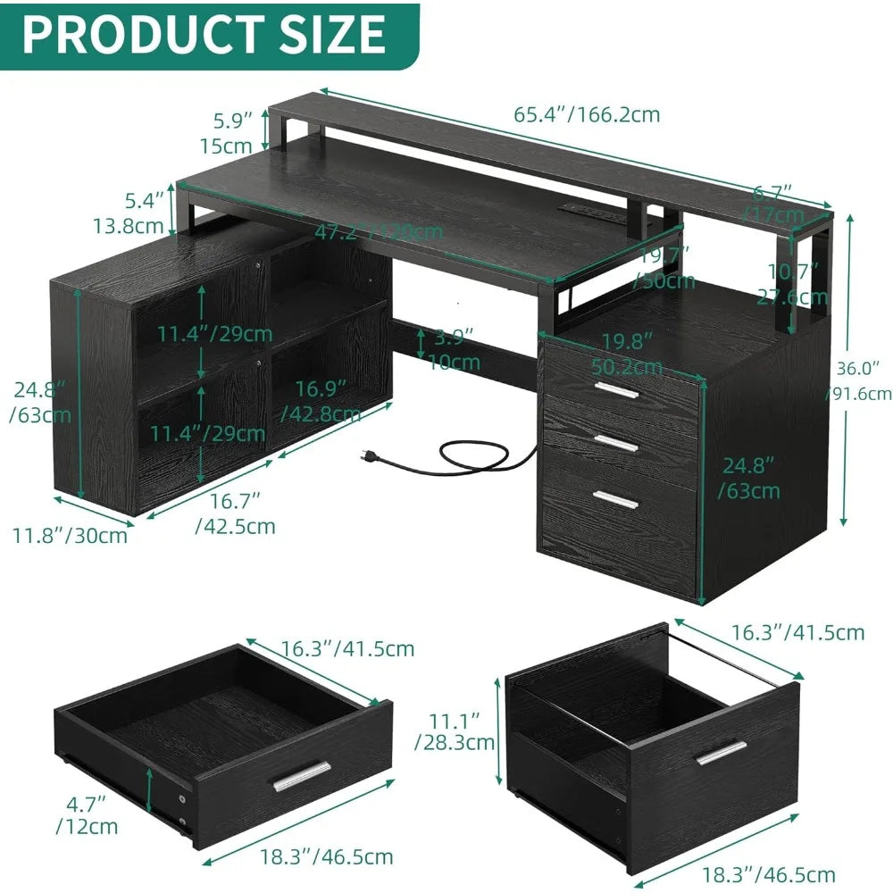 Corner Computer Desk, L-Shaped w/ 3 drawers, power outlets, lights, cabinet, stand