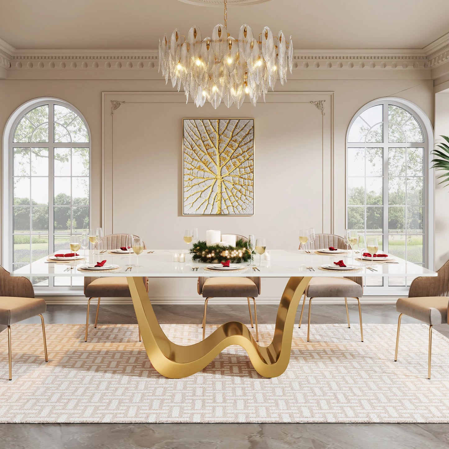 Tribesigns Sintered Stone Table for 6-8, Modern Rectangle Luxury White & Gold Dining