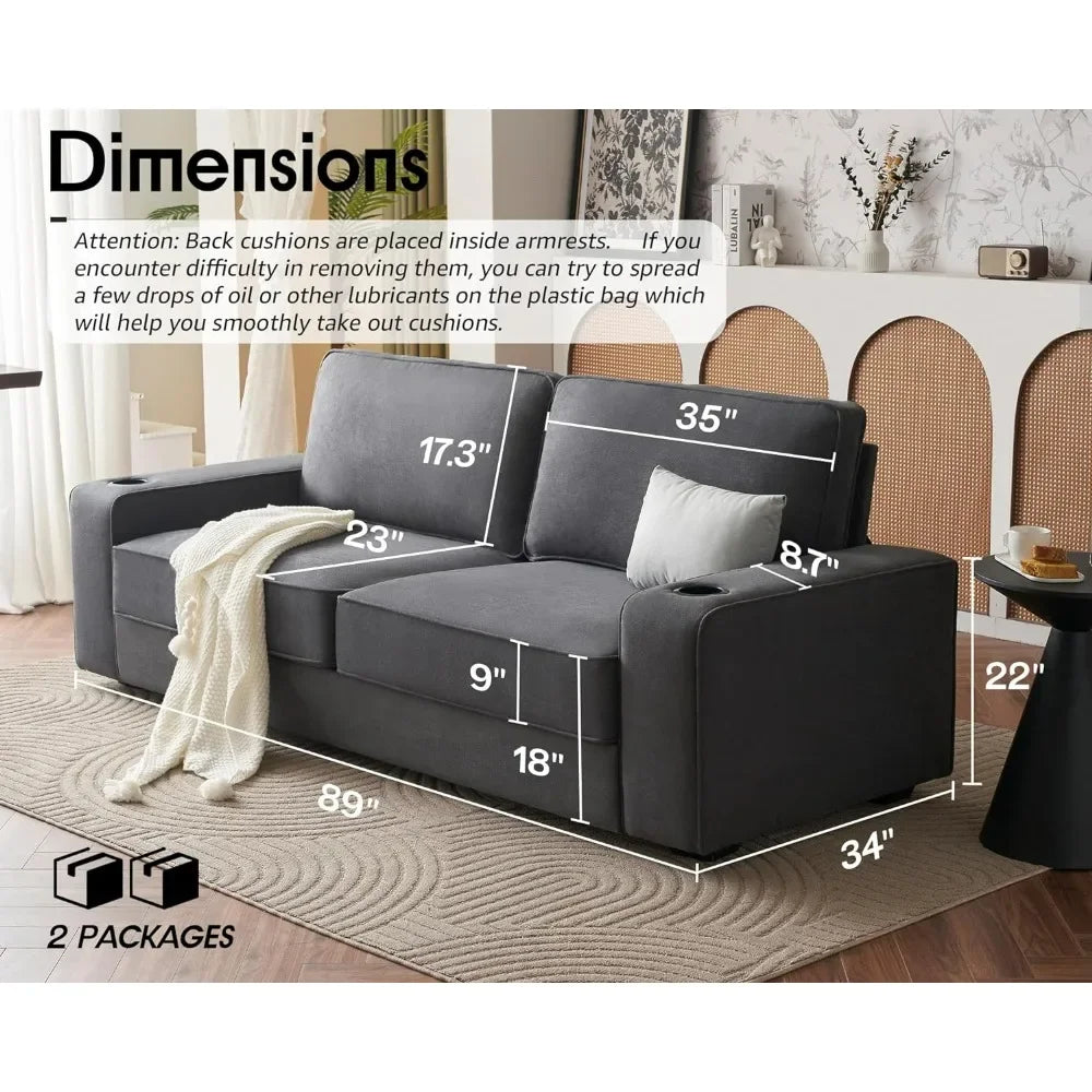 Modern Sofas 89 inch, 3 seater, deep seat, 2 USB ports