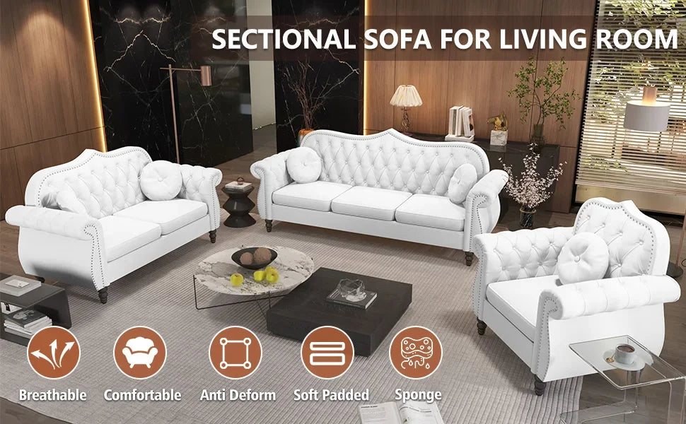 Mid-Century Modern Upholstered Velvet Nailhead Trim, 3 piece sectional sofa