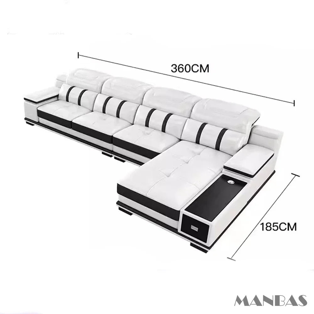 Modern Genuine Leather Sofa - Stylish Italian   with Bluetooth Speaker, USB & Adjustable Headrests