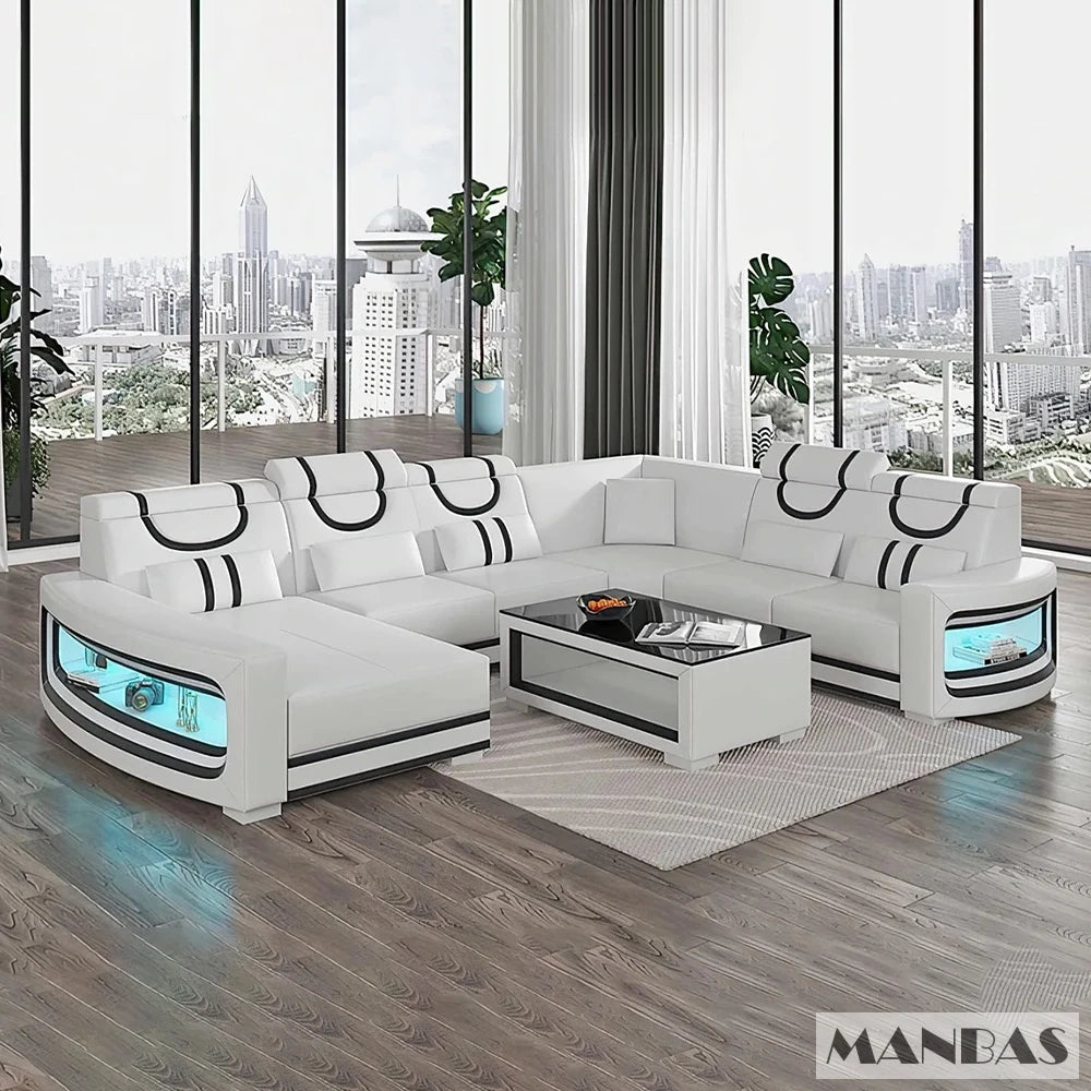 Italian Genuine Leather Sofa - 2 Colors Combination, LED Light & Soft Cushions