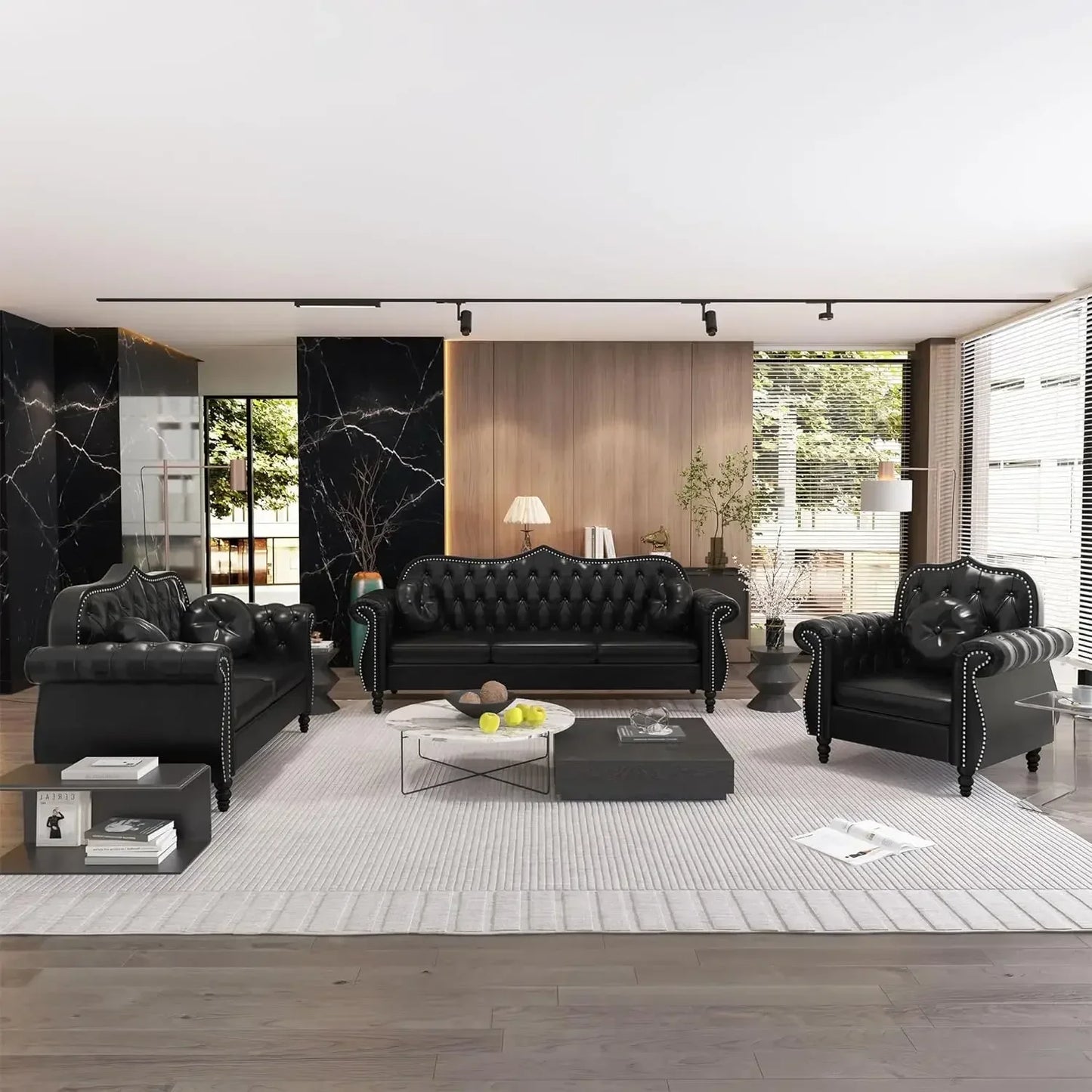 Mid-Century Modern Upholstered Velvet Nailhead Trim, 3 piece sectional sofa