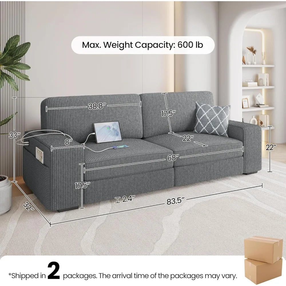 Modern  2 Seater Sofa with USB Charging Ports & Side Storage Pockets