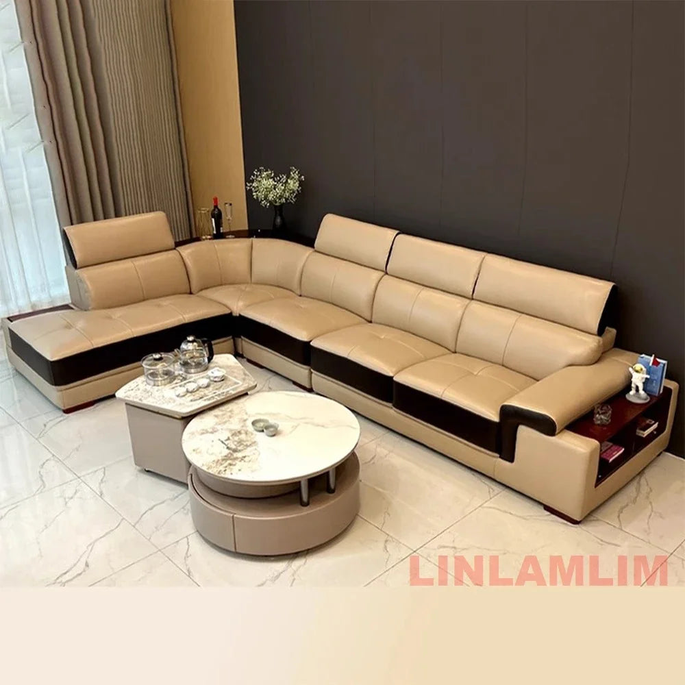 MINGDIBAO Modern Minimalist Genuine  Italian Leather Sectional Sofa with Console, Storage and Speaker