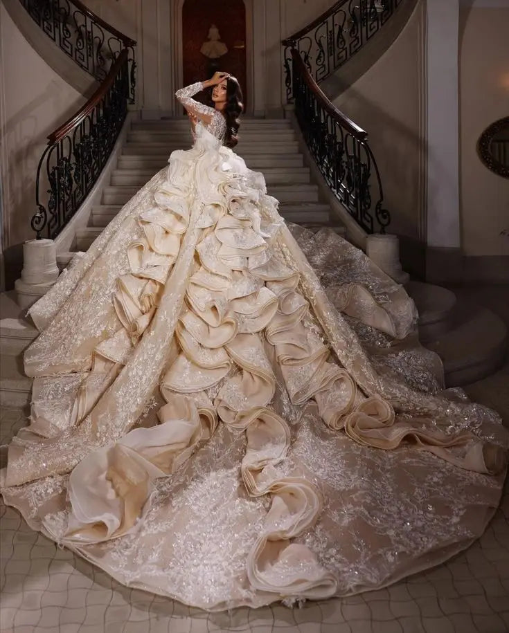 Vintage Queen Luxury Cathedral Bridal Gowns,  Wedding Dress , glitter, sequins, long sleeves, ruffles