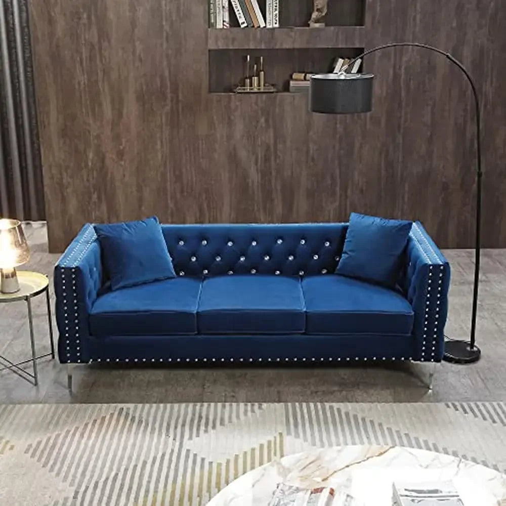 Blue Velvet 2-Piece  Set with Jeweled Buttons  Soft Linen Upholstery Square Arm Sofa and Loveseat