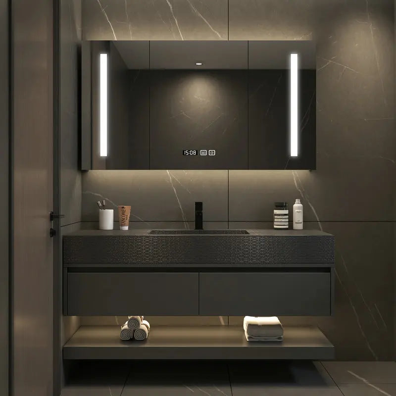 Modern Black  Slate Intergrated Seamless Washbasin with Sink, vanity with drawers