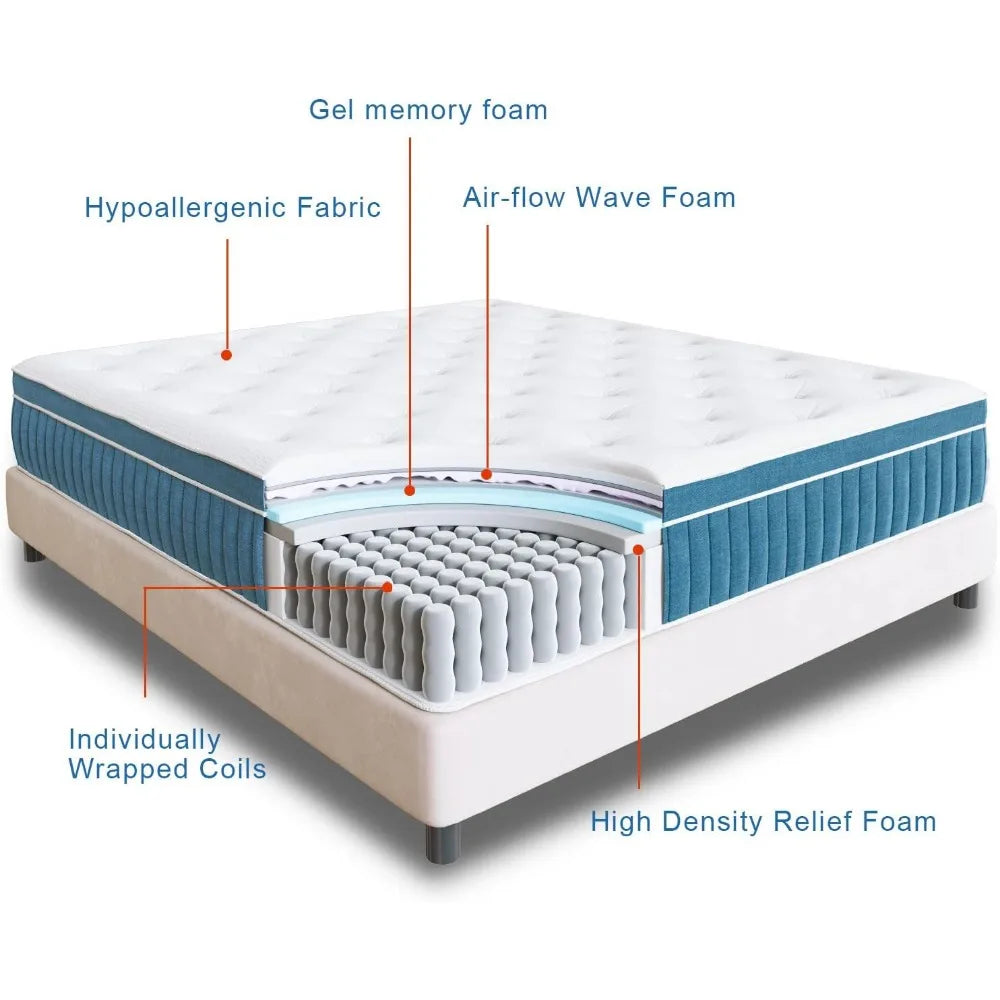 King Mattress, 14 Inch, Gel Foam,Coils Innerspring Mattress, Medium Firm