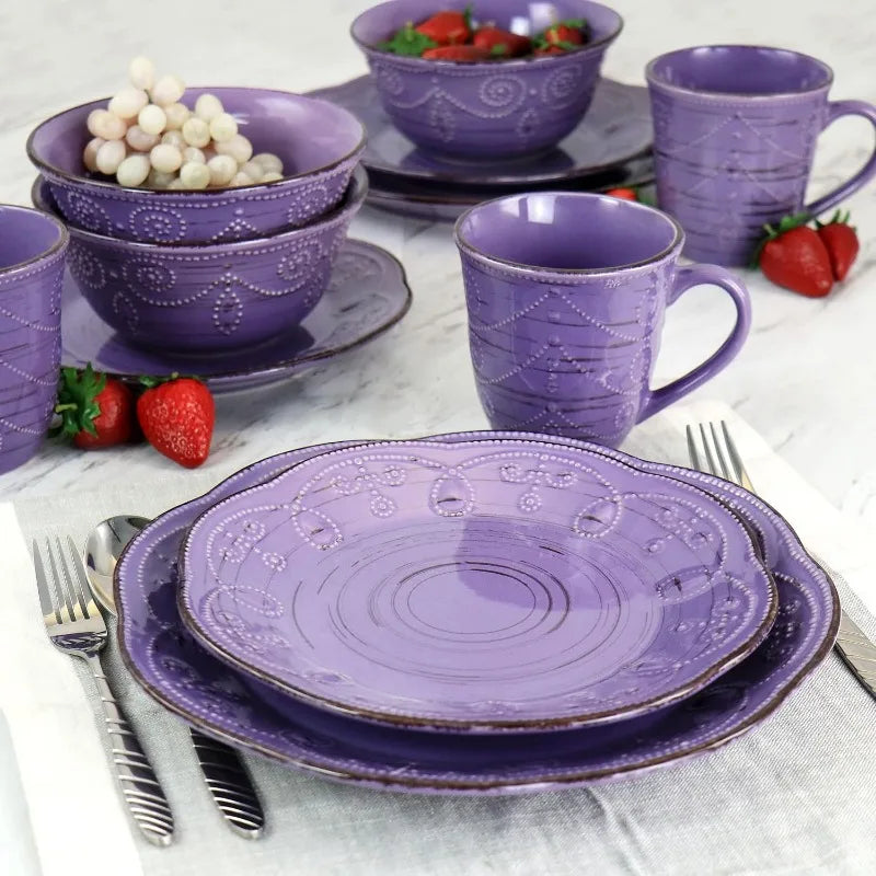 Rustic Birch 16 Piece Stoneware Set in Purple, with Brown Accents