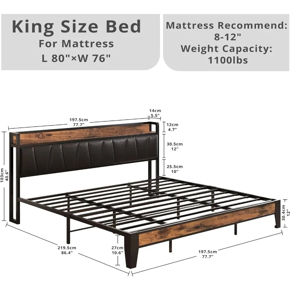 California king size bed frame, storage headboard with charging station,