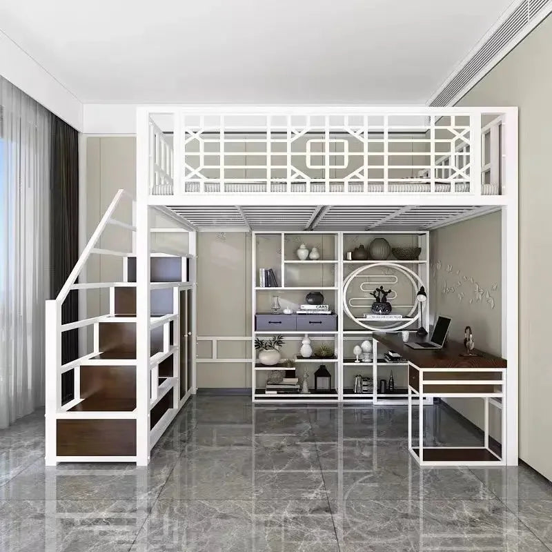 New Chinese-style loft Children's iron bed  frame elevated  upper floor