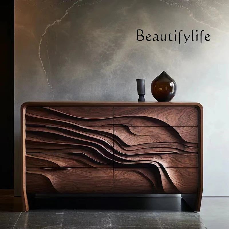Nordic Retro Black Walnut Solid Wood Entrance Sideboard  Cabinet Designer Model Creative Upscale