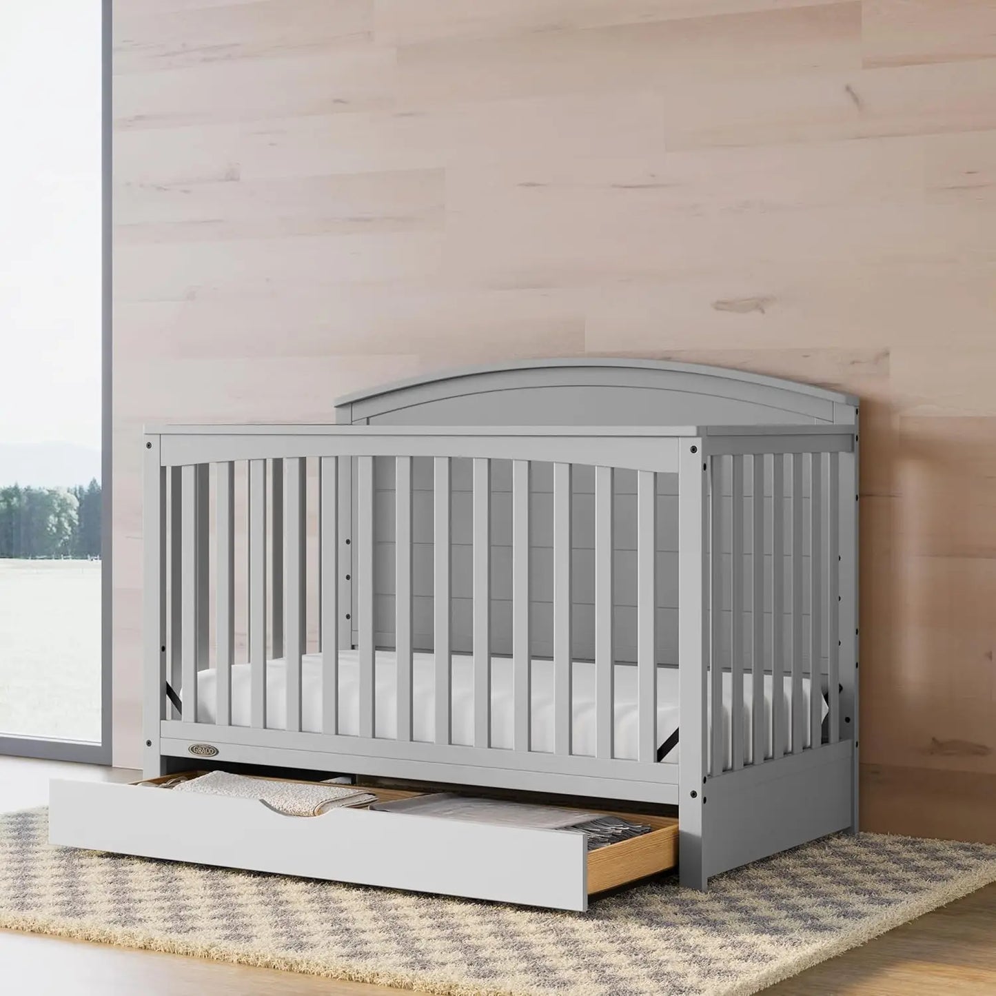 Graco 5-in-1 Convertible Crib (Pebble Gray) -w/ drawer.  Full-Size Storage Drawer, Converts