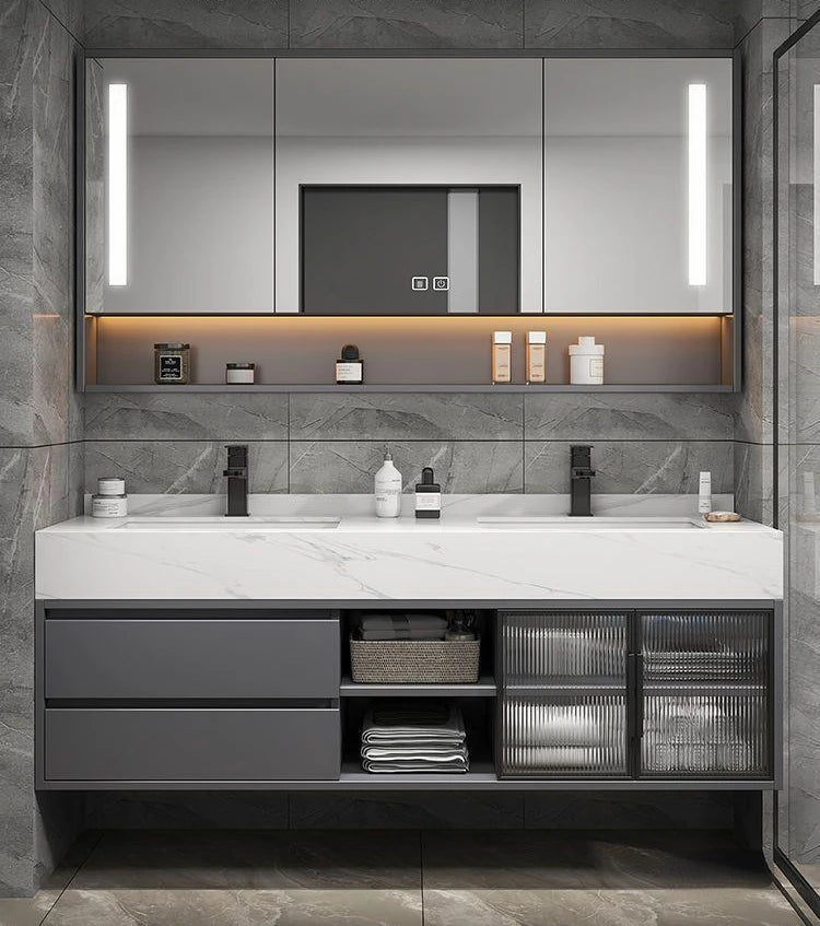 Slate Integrated Vanity Double Sink, Luxury cabinet, mirror,