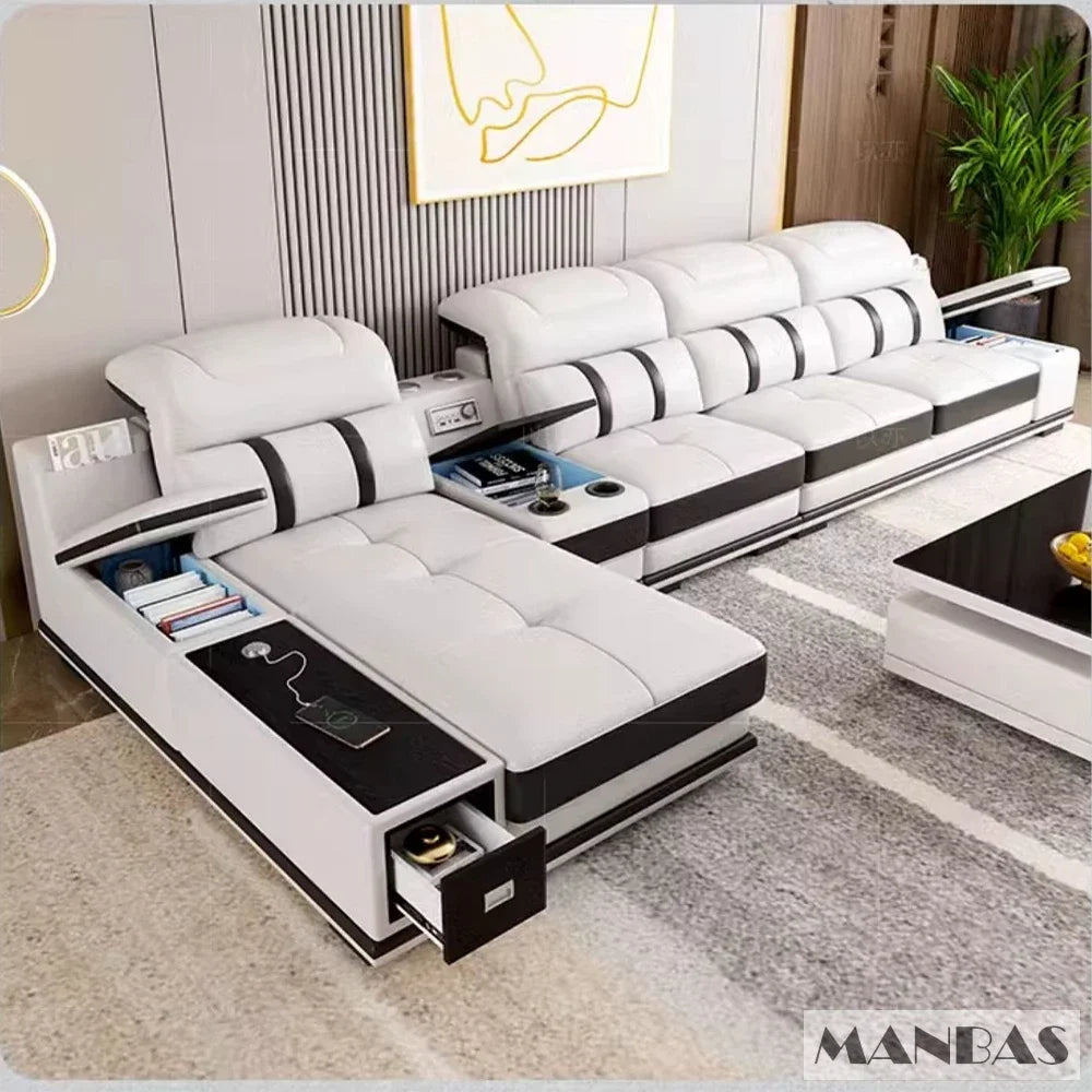 Modern Genuine Leather Sofa - Stylish Italian   with Bluetooth Speaker, USB & Adjustable Headrests