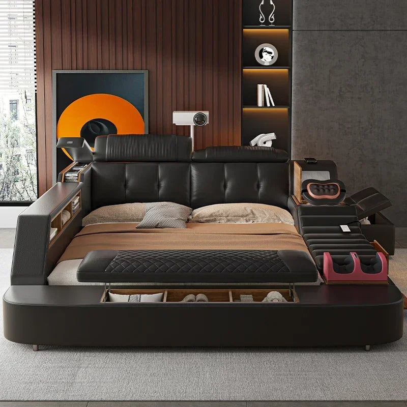 King Size Black Bed Frame With  Storage Drawers Multifunction Massage