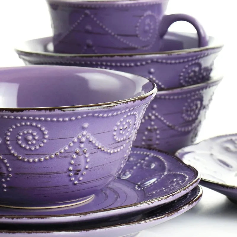 Rustic Birch 16 Piece Stoneware Set in Purple, with Brown Accents