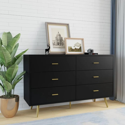 Modern Wood Dresser, 6 drawers, wide, metal handles, storage