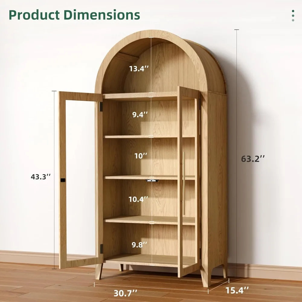Elegant Arched Display Cabinet, 5-Tier Bookcase with Glass Doors & Adjustable Shelves