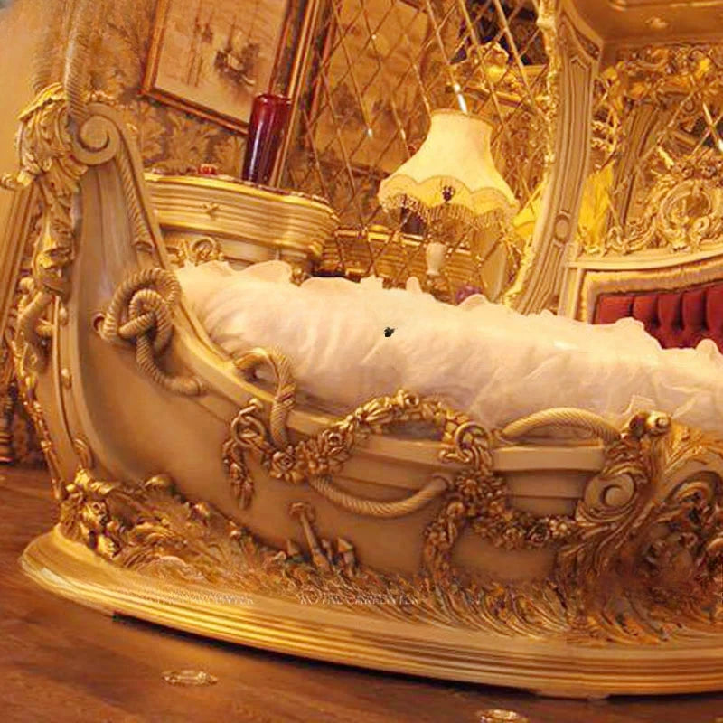 Princess Villa European Style Wood Carved Double Bed, Boat Style, French Fabric