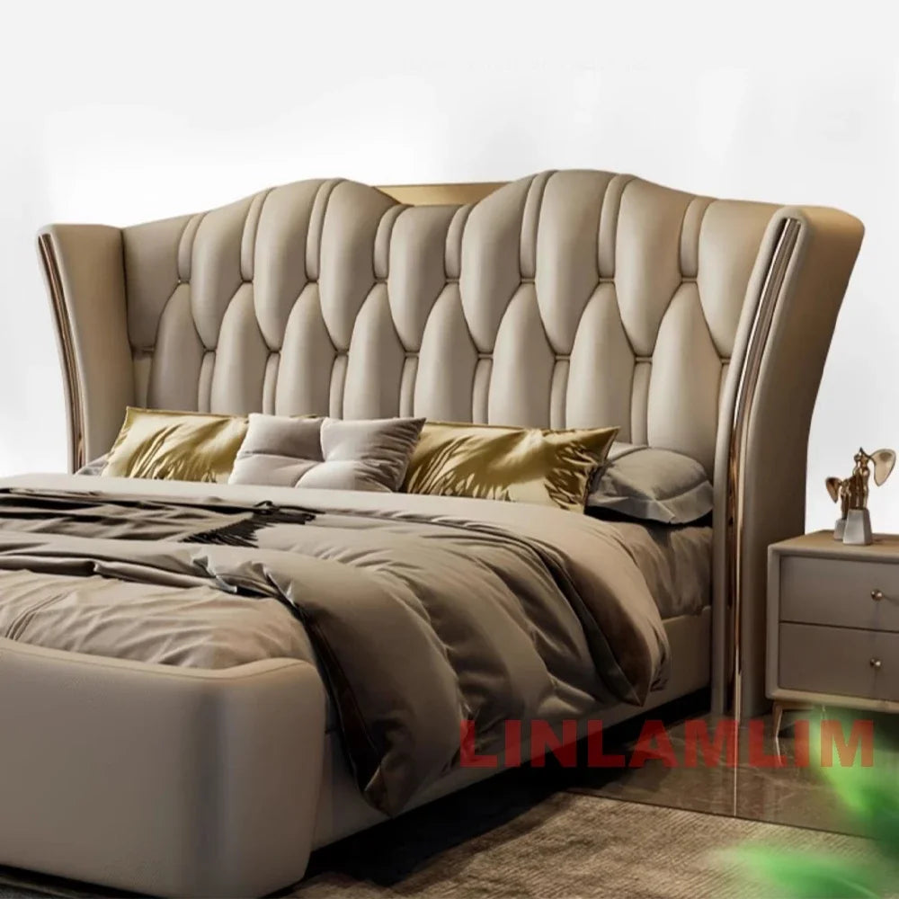 MINGDIBAO Luxury Modern Upholstered Bed Frame with Gold Accents, Genuine Leather Designer  Queen/King Size Bed