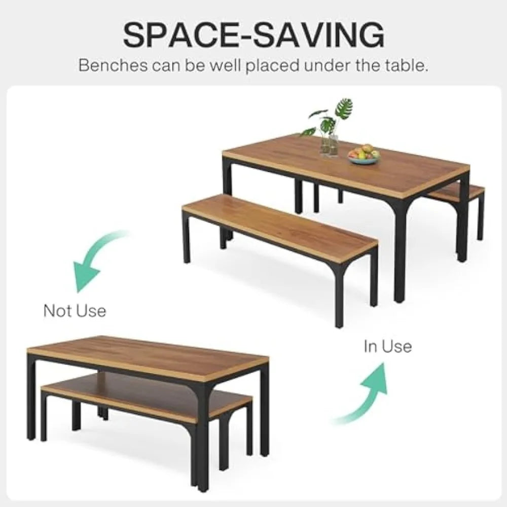 Large Wooden Rectangular Table  Set for  6, 2 benches