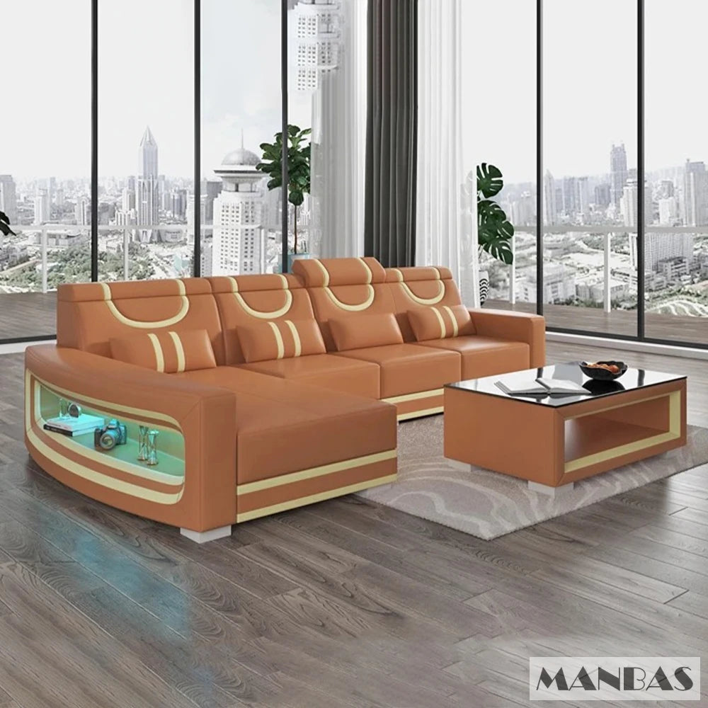 Italian Genuine Leather Sofa - 2 Colors Combination, LED Light & Soft Cushions