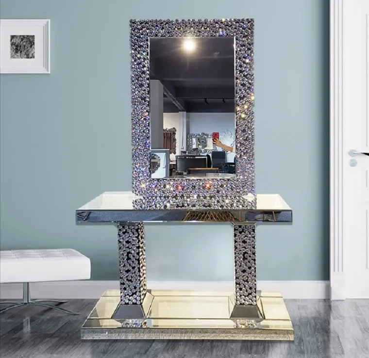 Luxury mirrored console table, crescent shaped foyer, family round wall mirror
